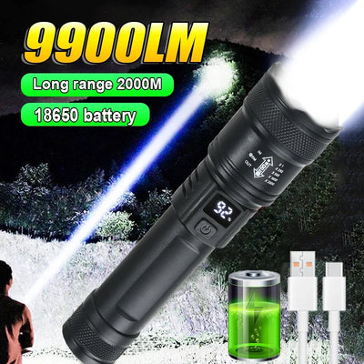 9900LM Powerful LED Flashlight USB Rechargeable Light Zoom